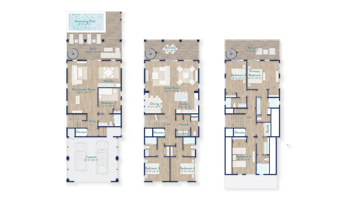This image provides a broad perspective on the home's amenities, showing the great room with its spacious dining and kitchen area, a recreation room with a wet bar and gaming tables, and a glimpse of multiple bedrooms. The view ties together various activity zones within the property, emphasizing togetherness and flexible gathering options.