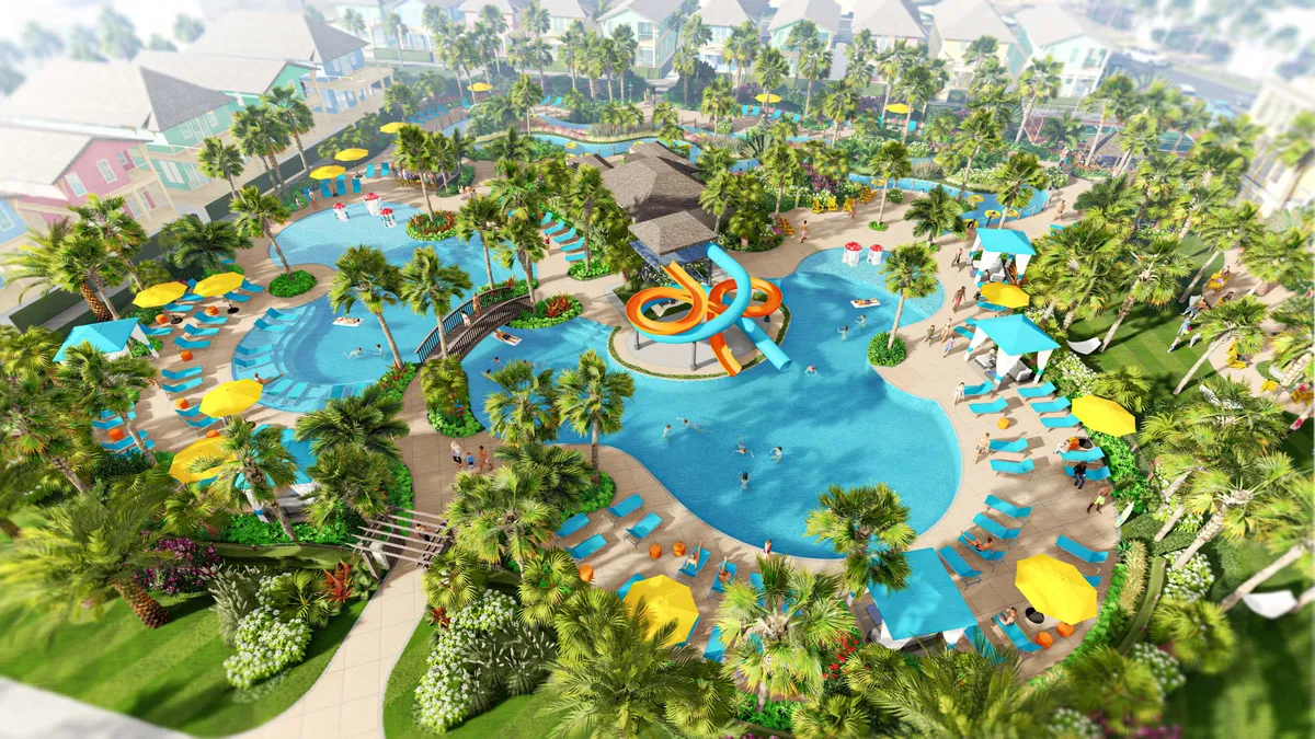A vibrant resort pool scene featuring a large pool with waterslides, a lazy river, and colorful lounge chairs and umbrellas. Lush palm trees and tropical landscaping create a lively, family-friendly environment.